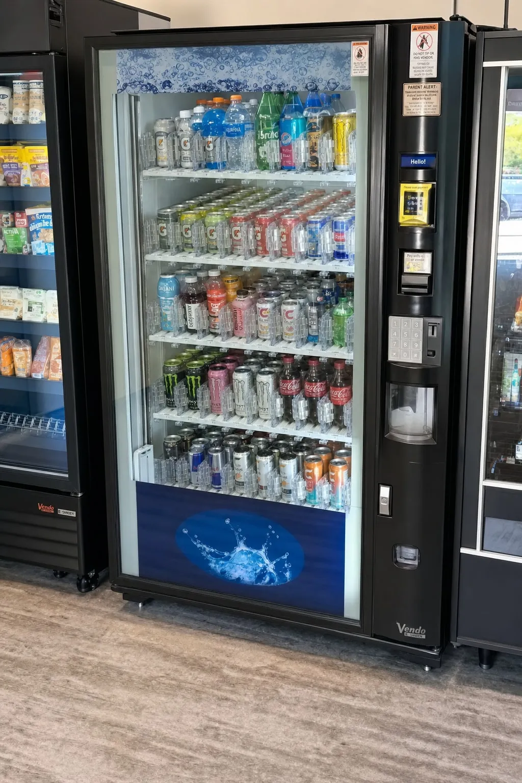 Glass-front beverage vending machine fully stocked with sodas, water, sports drinks and energy drinks