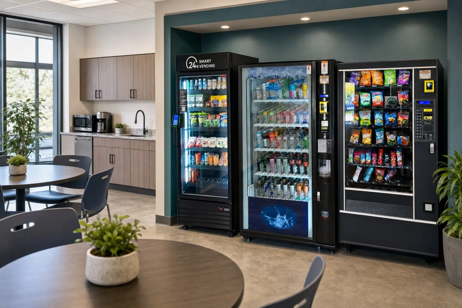 Planned employee breakroom with a smart cooler, glass-front drink machine and snack machine set into an accent-wall nook beside café tables and a kitchenette