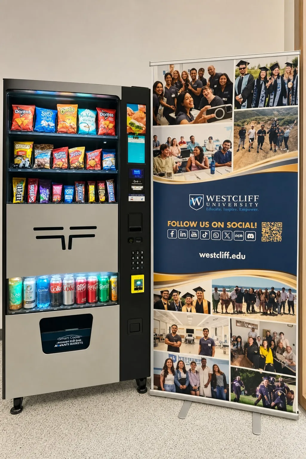 Combo snack-and-drink vending machine with a touchscreen and tap-to-pay reader installed on a university campus next to a student information banner