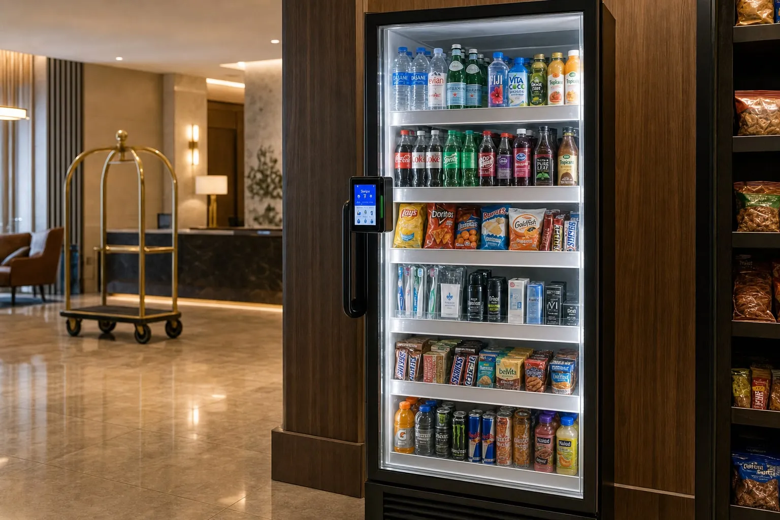 Grab-and-go smart cooler in a hotel lobby stocked with bottled water, sodas, juices, snacks and travel essentials like toothbrush kits, near the front desk