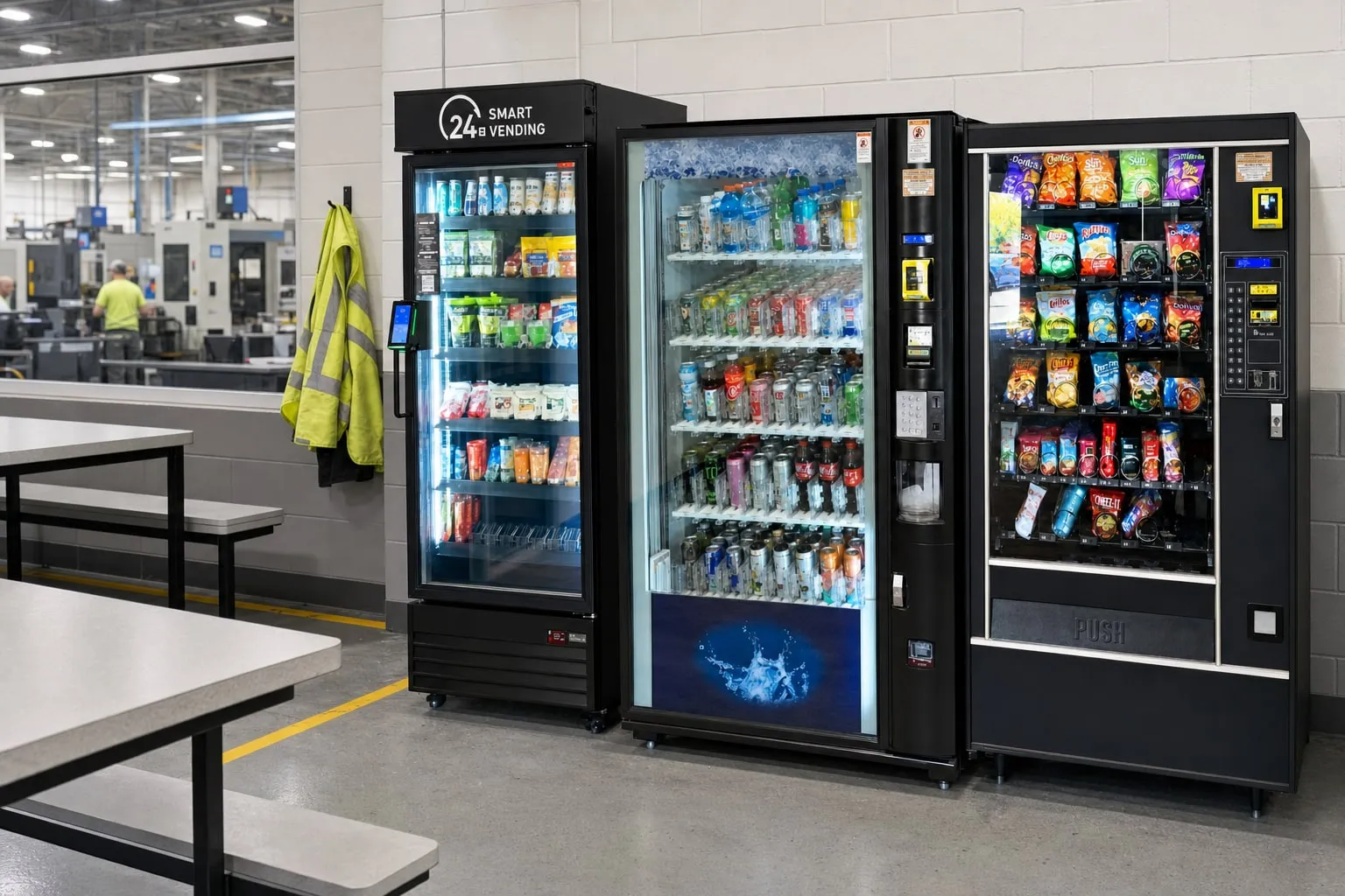 Smart cooler, drink machine and snack machine in a manufacturing plant breakroom, with the production floor visible through the window behind the tables