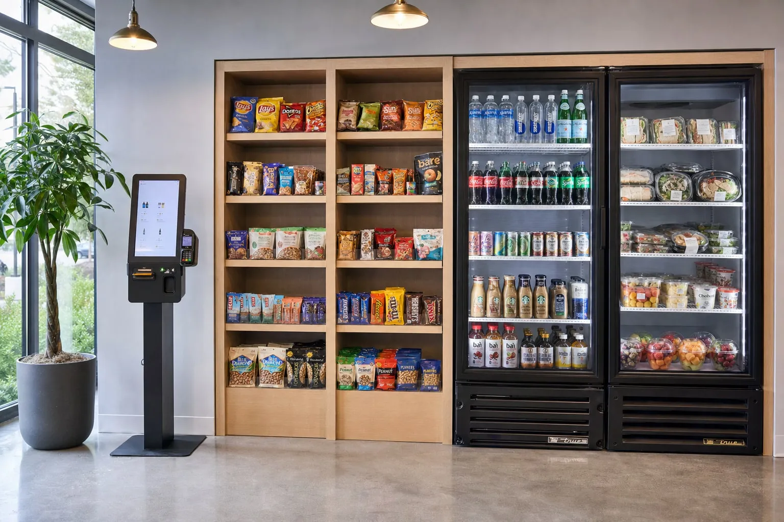 Self-checkout micro market in an office breakroom — open wood shelving of chips, bars and nuts, glass-door coolers of drinks, sandwiches, salads and fruit cups, and a touchscreen checkout kiosk