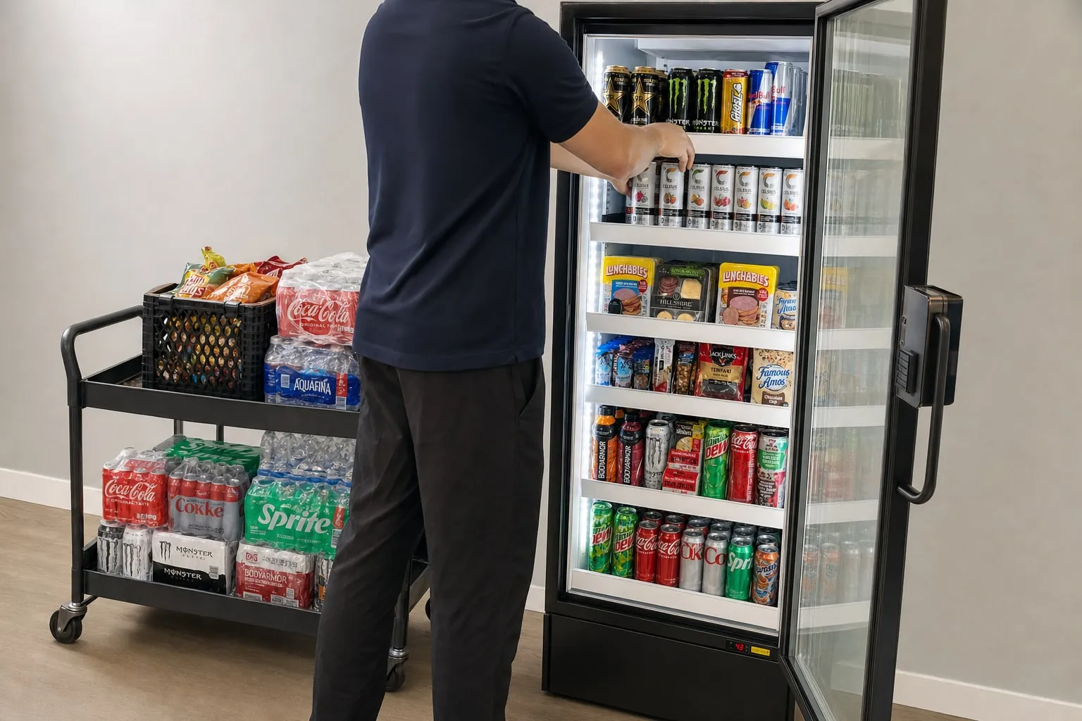 Route driver restocking a smart cooler with cold drinks from a cart loaded with cases of soda, water and energy drinks
