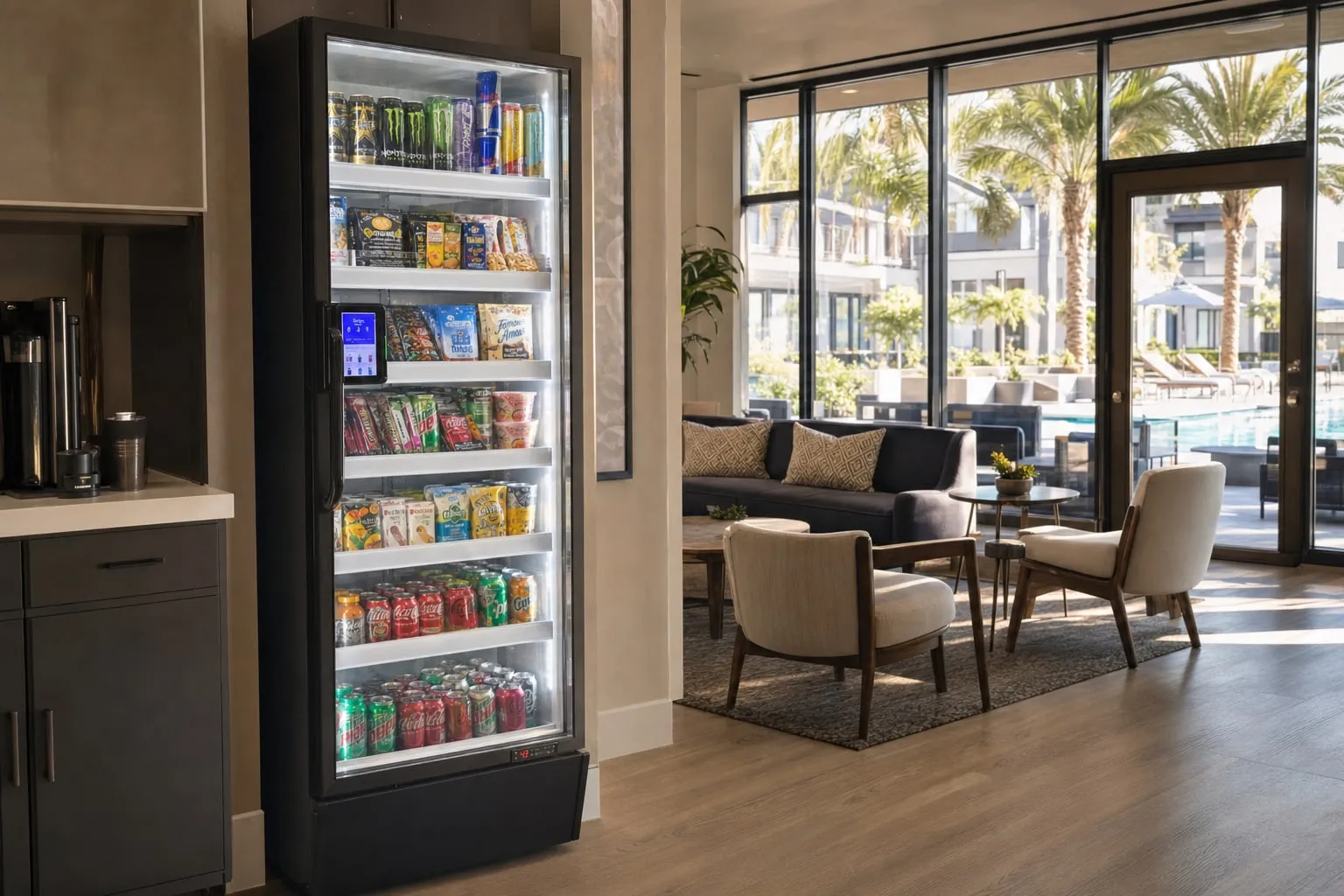 Smart cooler with cold drinks and snacks in an apartment community clubhouse lounge, with the pool deck and palm trees outside the glass doors