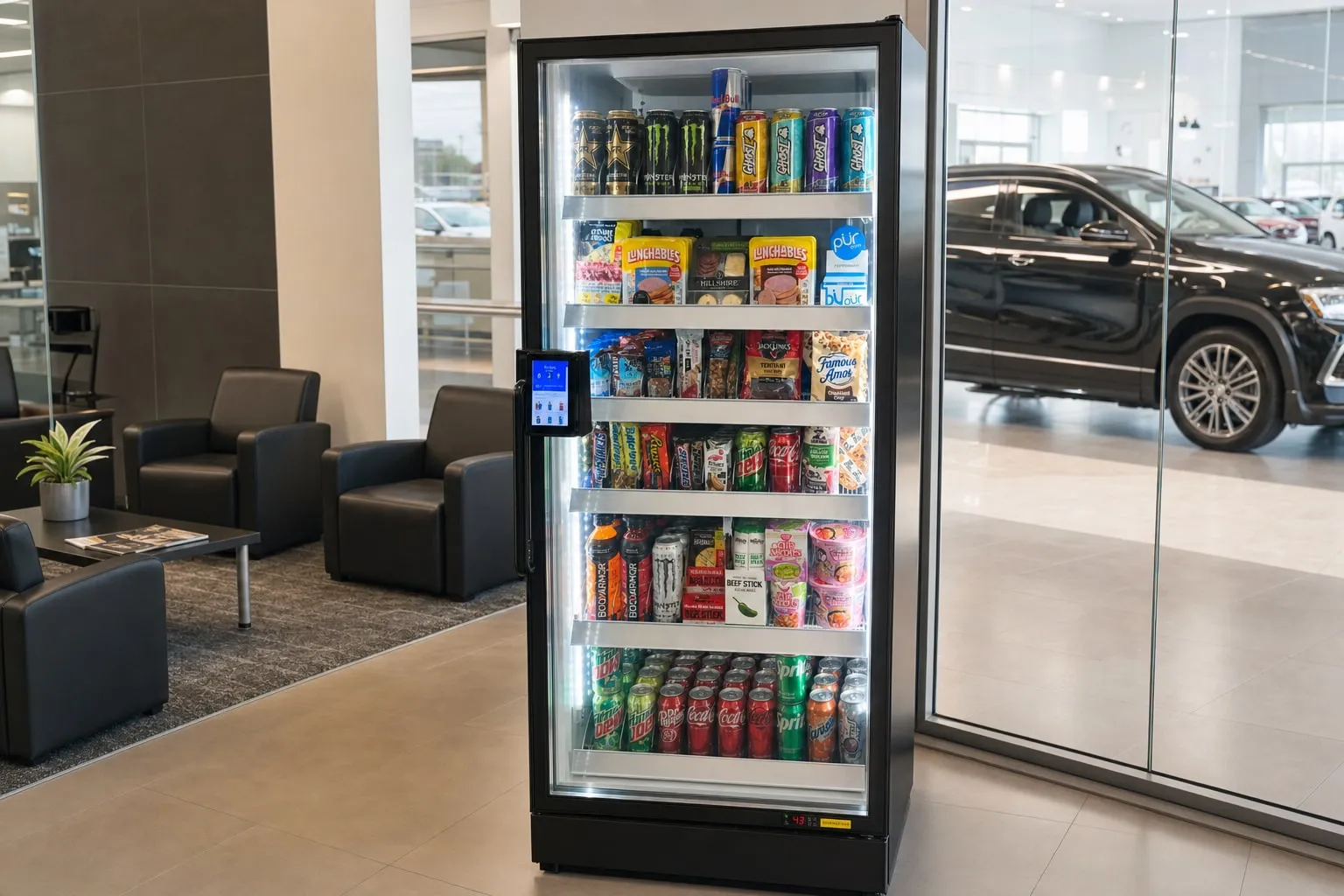 Smart cooler with cold drinks and snacks in a car dealership customer lounge, with a new SUV on the showroom floor beyond the glass wall