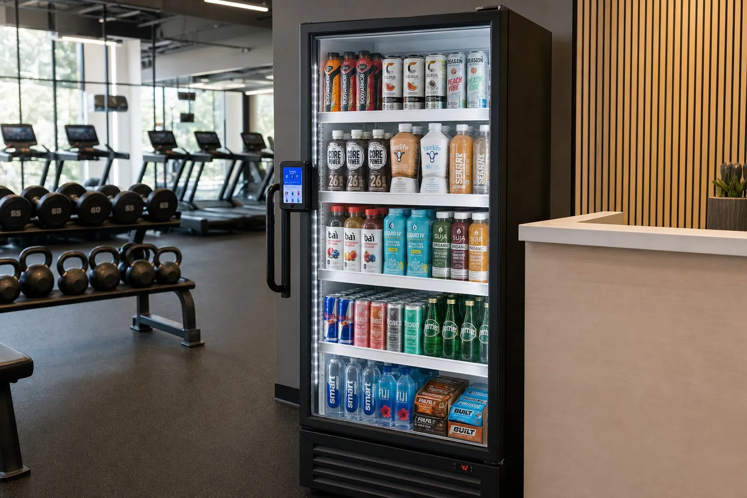 Smart cooler stocked with protein shakes, sports drinks, electrolyte drinks, sparkling water and protein bars beside the front desk of a fitness gym