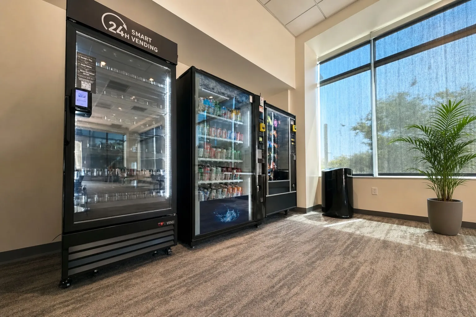 Smart cooler and vending machines installed in a bright office lobby beside floor-to-ceiling windows