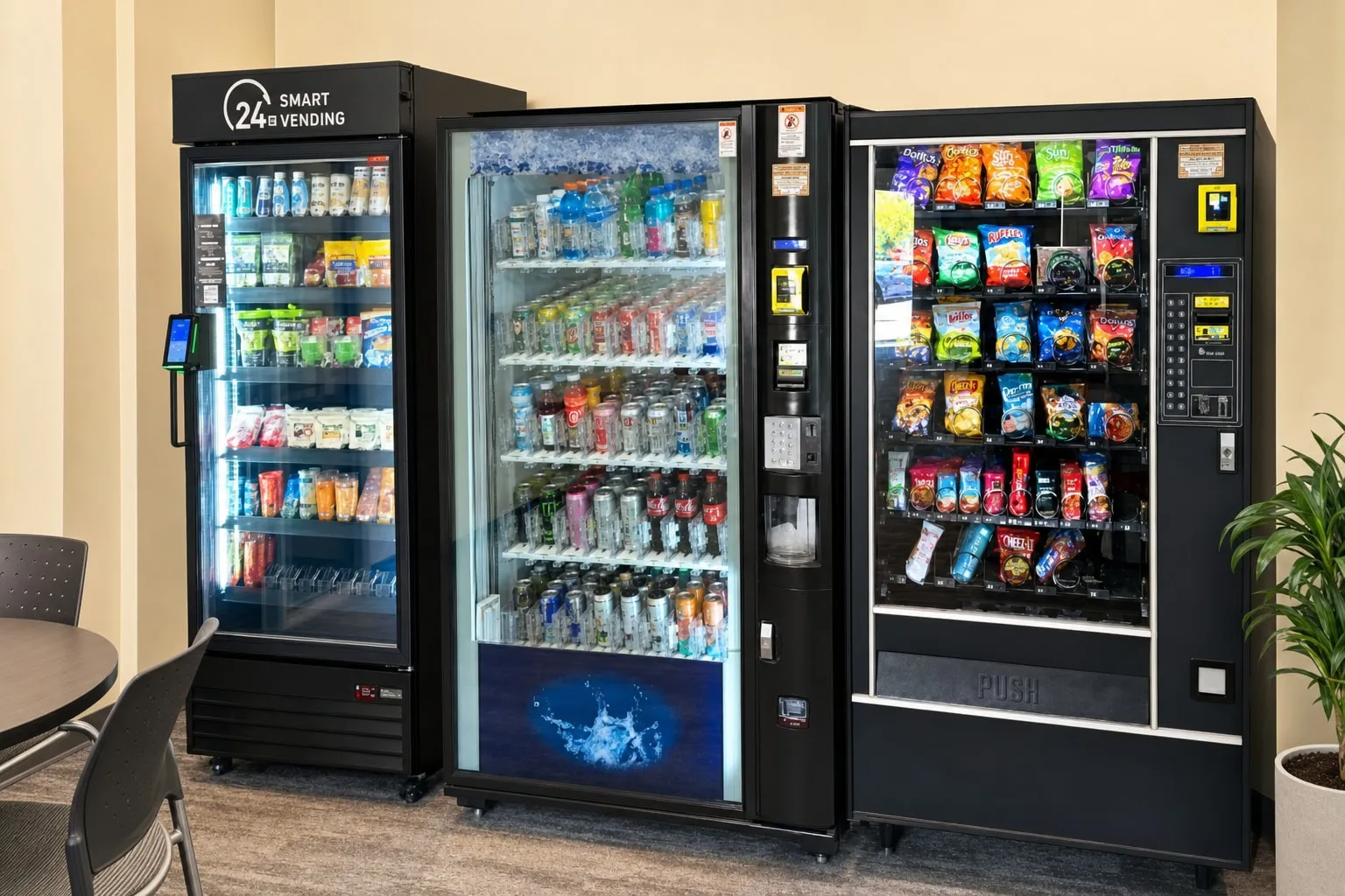 A 24-hour smart cooler, a glass-front beverage vending machine and a snack vending machine installed side by side in a company breakroom