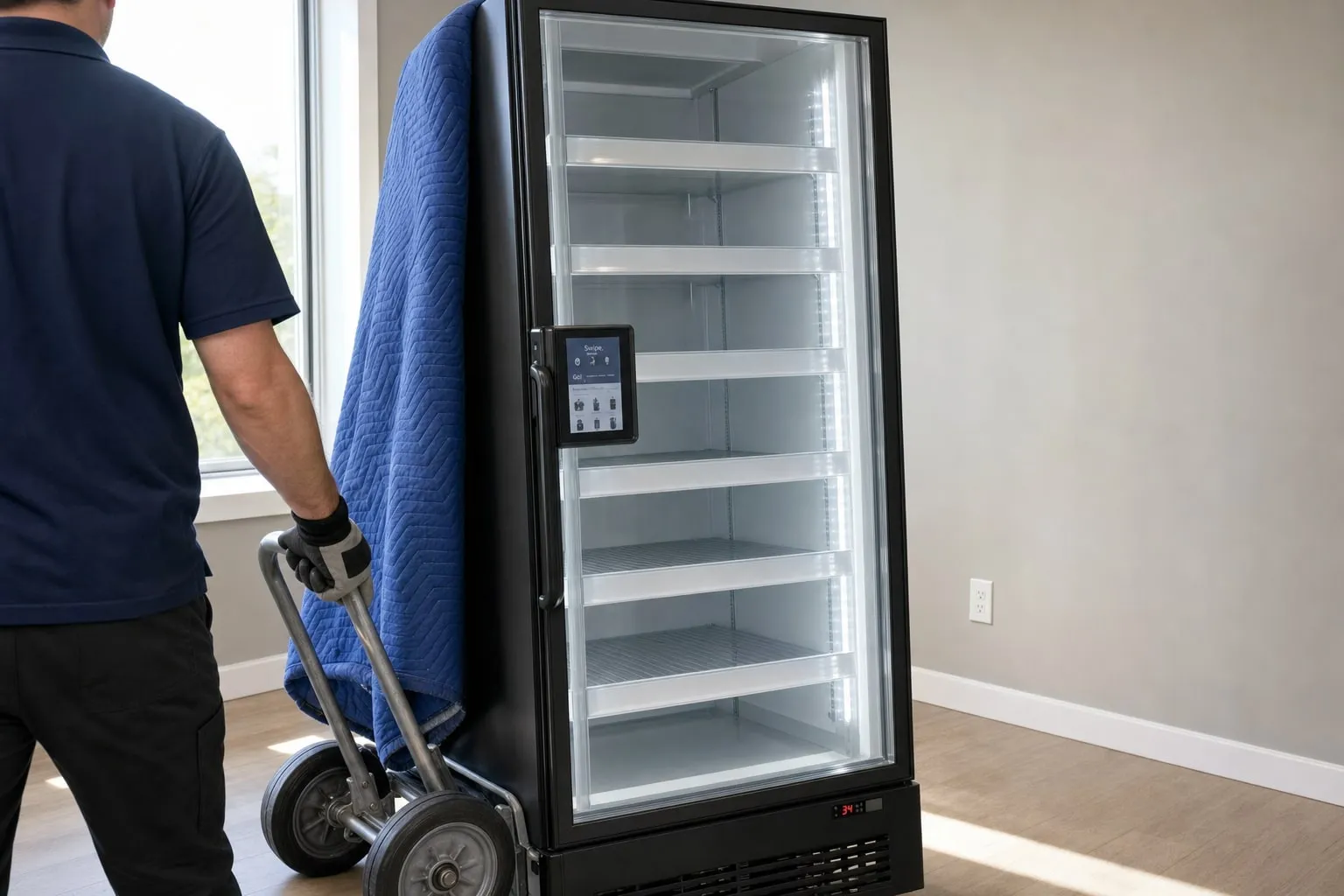 New smart cooler with a tap-to-pay card reader being wheeled into a bright breakroom on an appliance hand truck on installation day