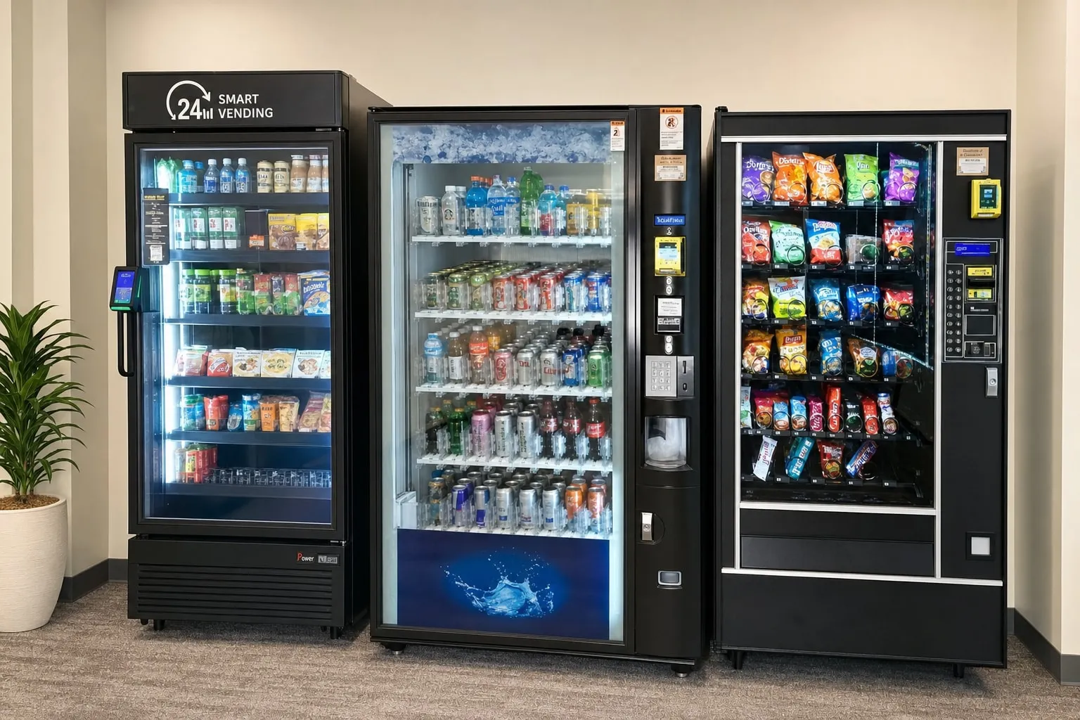 Smart cooler, drink machine and snack machine lined up along a breakroom wall, all accepting cash and tap-to-pay