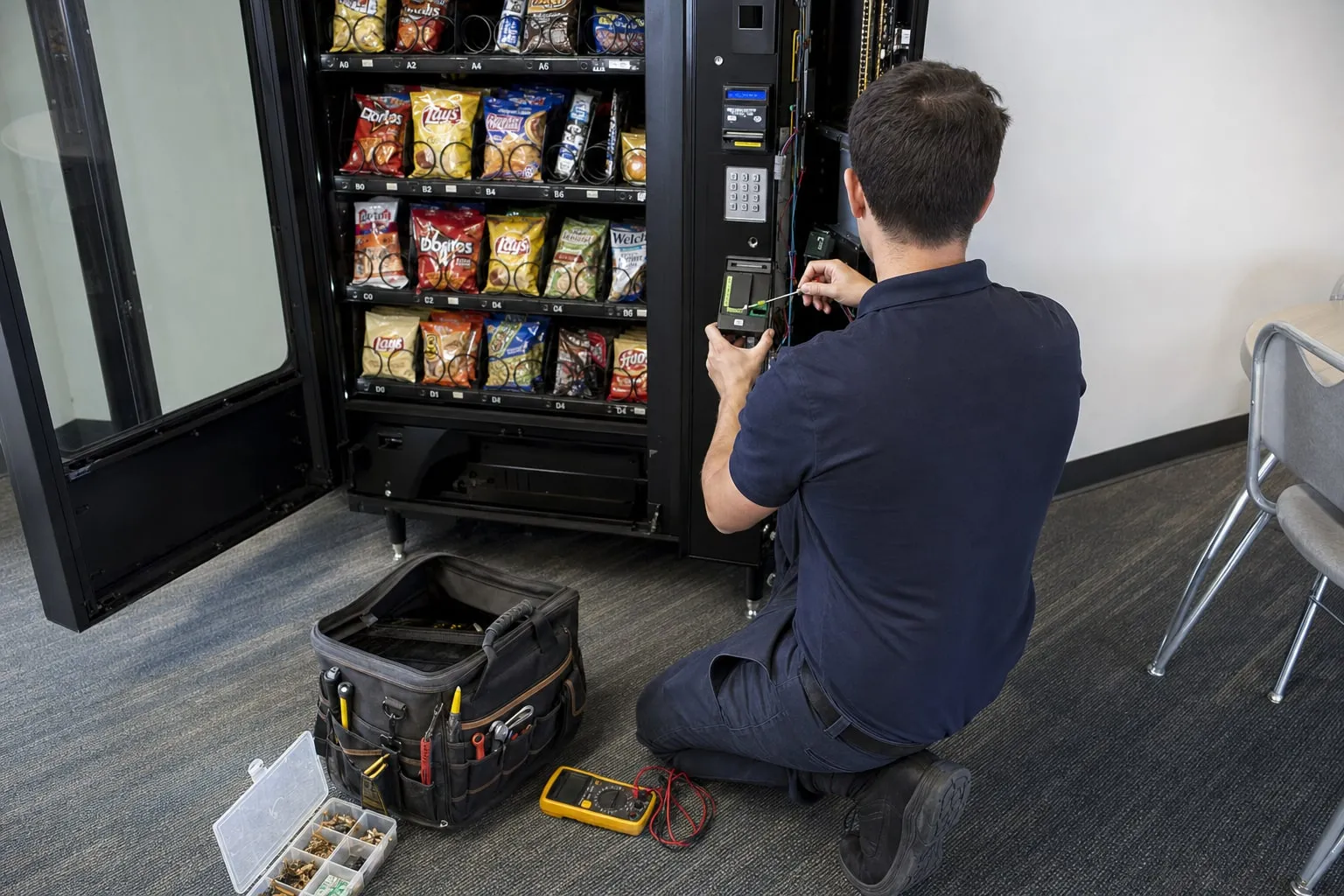 Vending technician kneeling at an open snack vending machine, repairing the payment hardware during a service call, with a tool bag, multimeter and parts box on the floor
